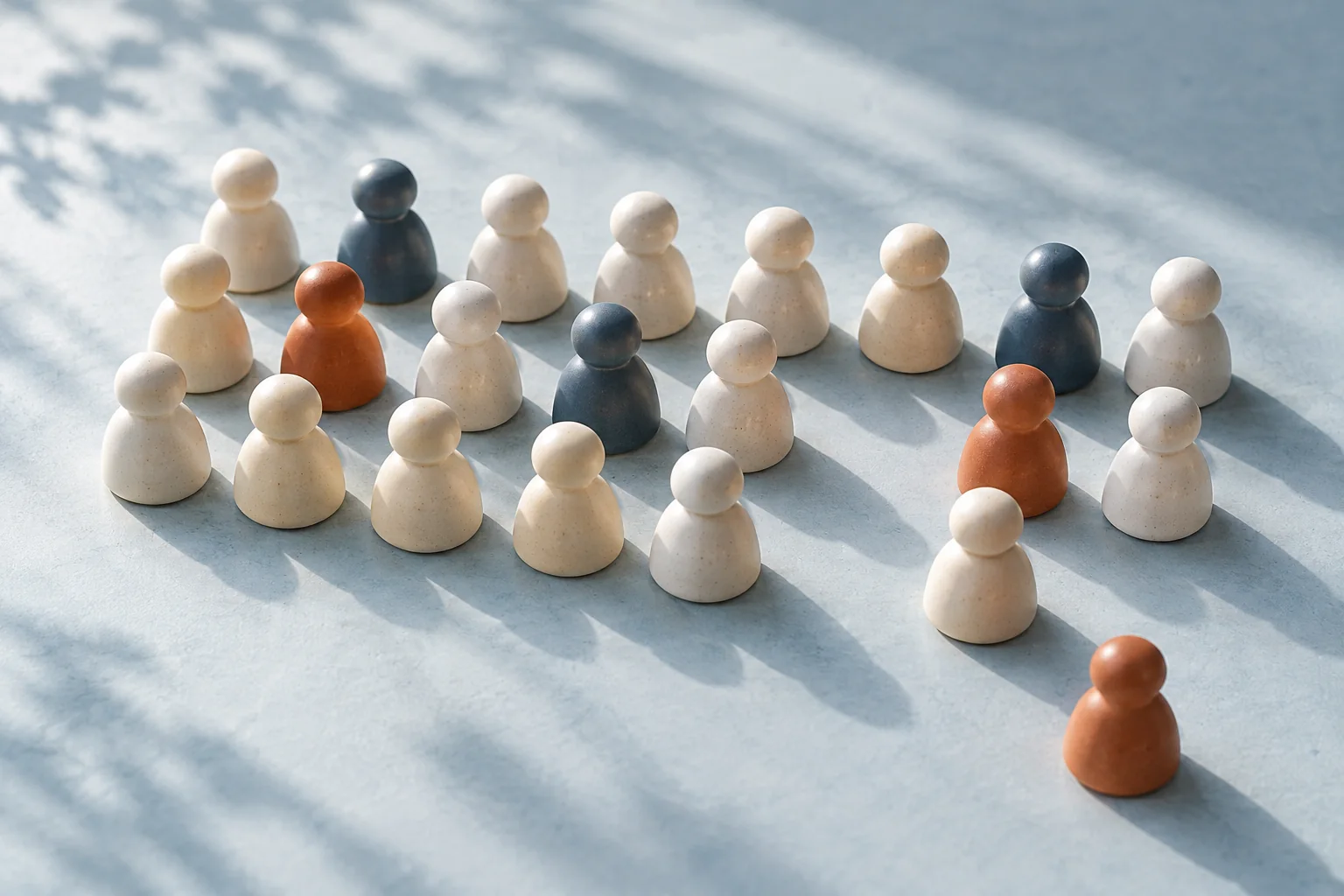 Sculptural ceramic markers arranged in rows, with a gap and one marker set slightly apart.