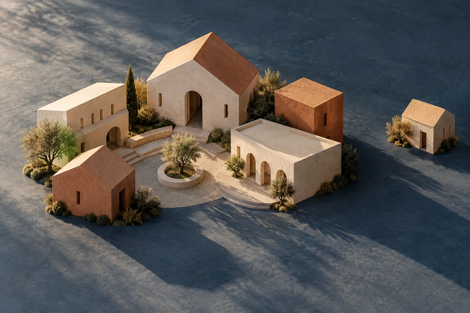 A tactile miniature community of cream and terracotta buildings around a shared space.