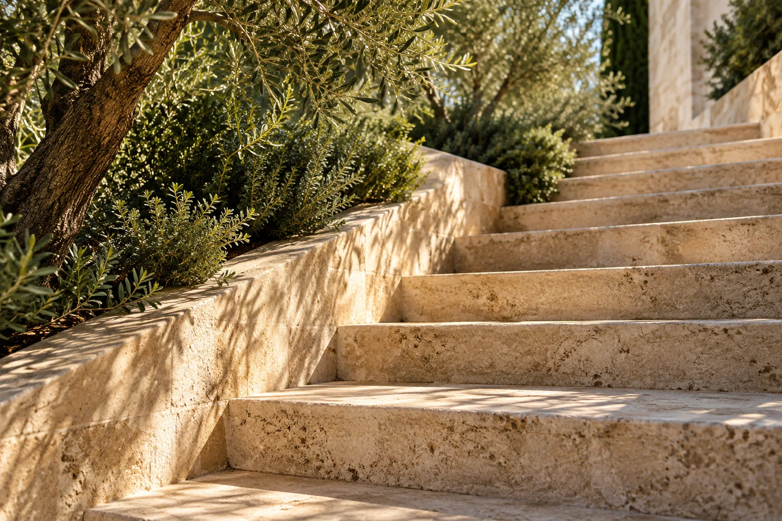 Sunlit limestone steps ascending beside green olive foliage.