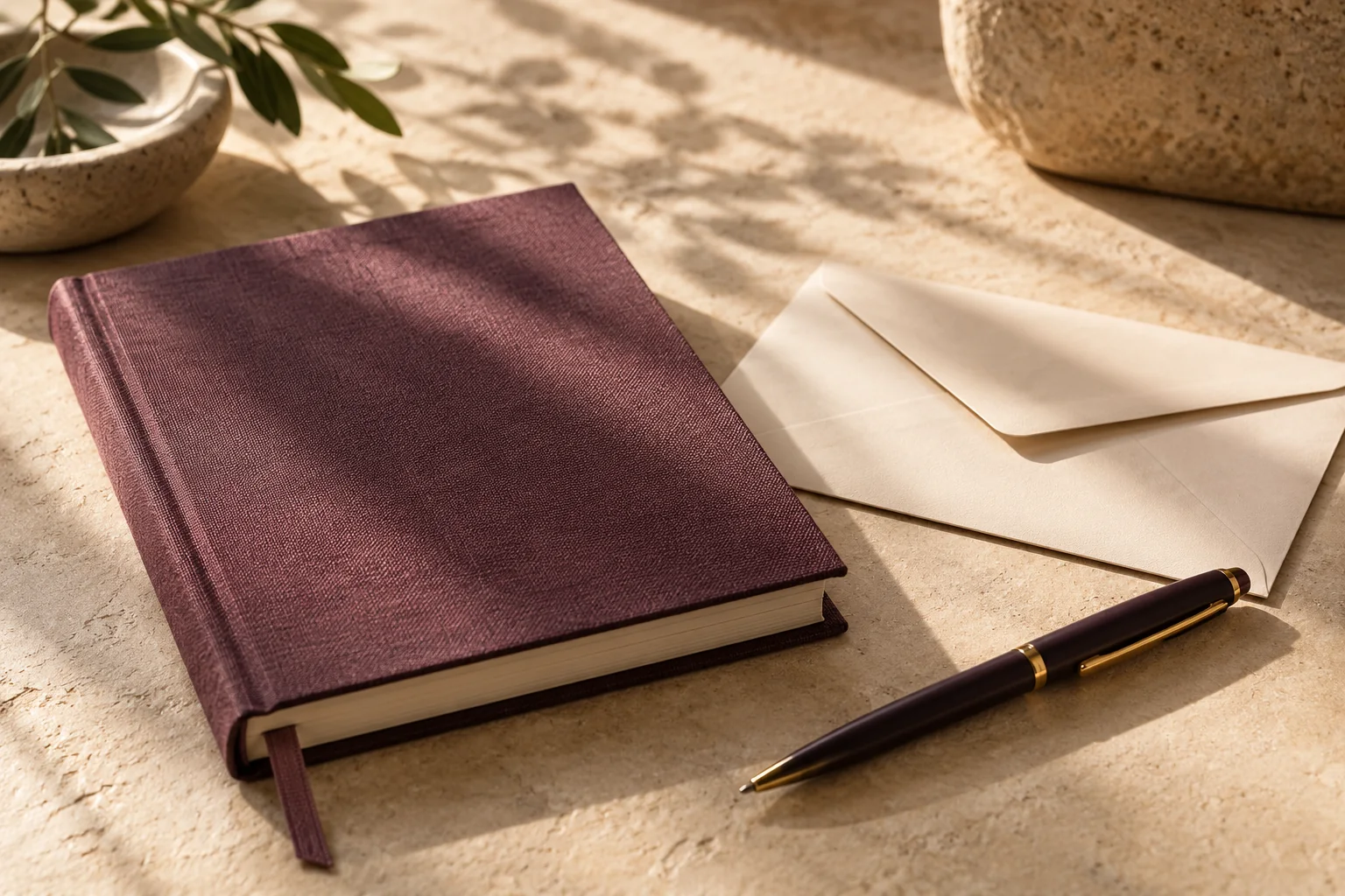 A closed linen notebook, envelope and pen in soft window light.