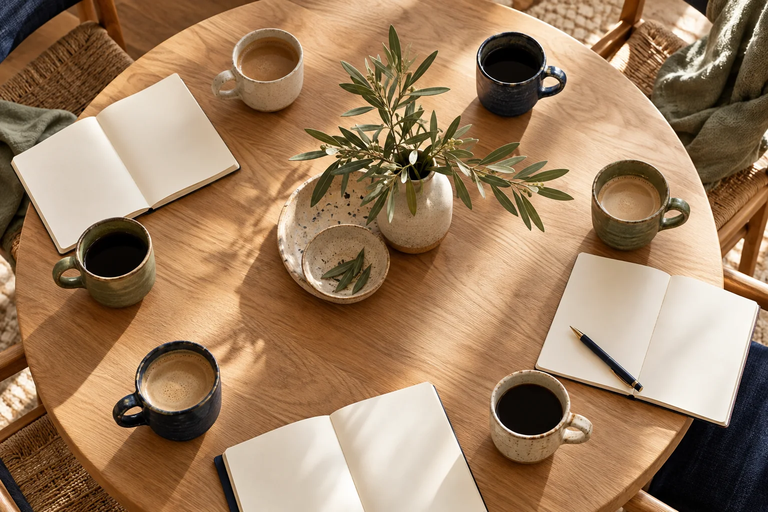 An oak table set with varied ceramic cups and open notebooks for a small group.