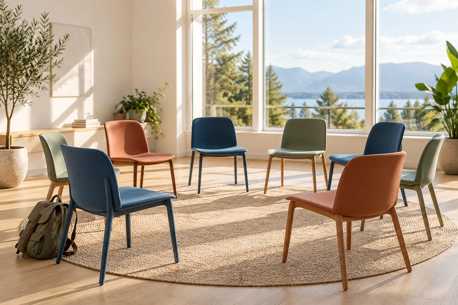 Sunlit community room with colourful chairs arranged in a welcoming circle.