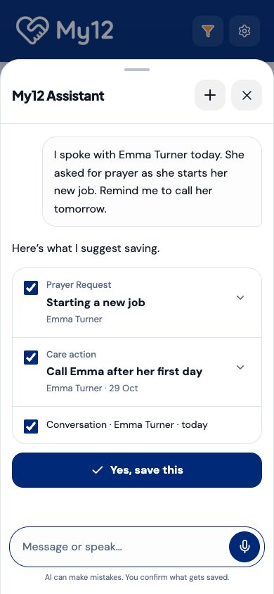Actual My12 Assistant conversation and review plan showing a fictional prayer request and follow-up action before saving