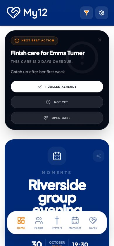 Actual My12 leader dashboard with care priorities and follow-up actions, using demo data