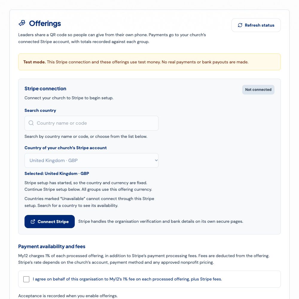 Actual My12 Offerings church receiving-account setup interface in sandbox test mode