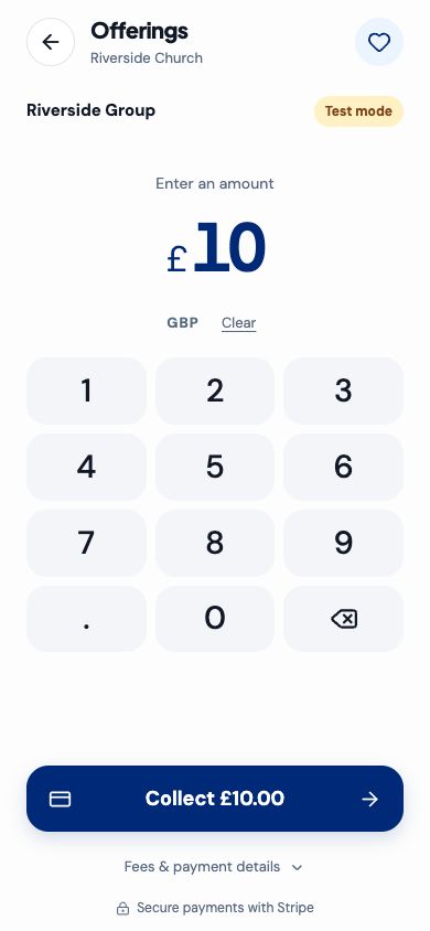 Actual My12 iPhone offering terminal keypad with Test mode visible; simulated demonstration, no real payment